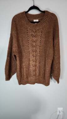 Perch by Blu Pepper Brown Pointelle Leaf Cable Knit Crewneck Sweater 2XL